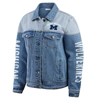 Women's WEAR by Erin Andrews Denim Michigan Wolverines Sleeve Hit Colorblock Button-Down Jacket