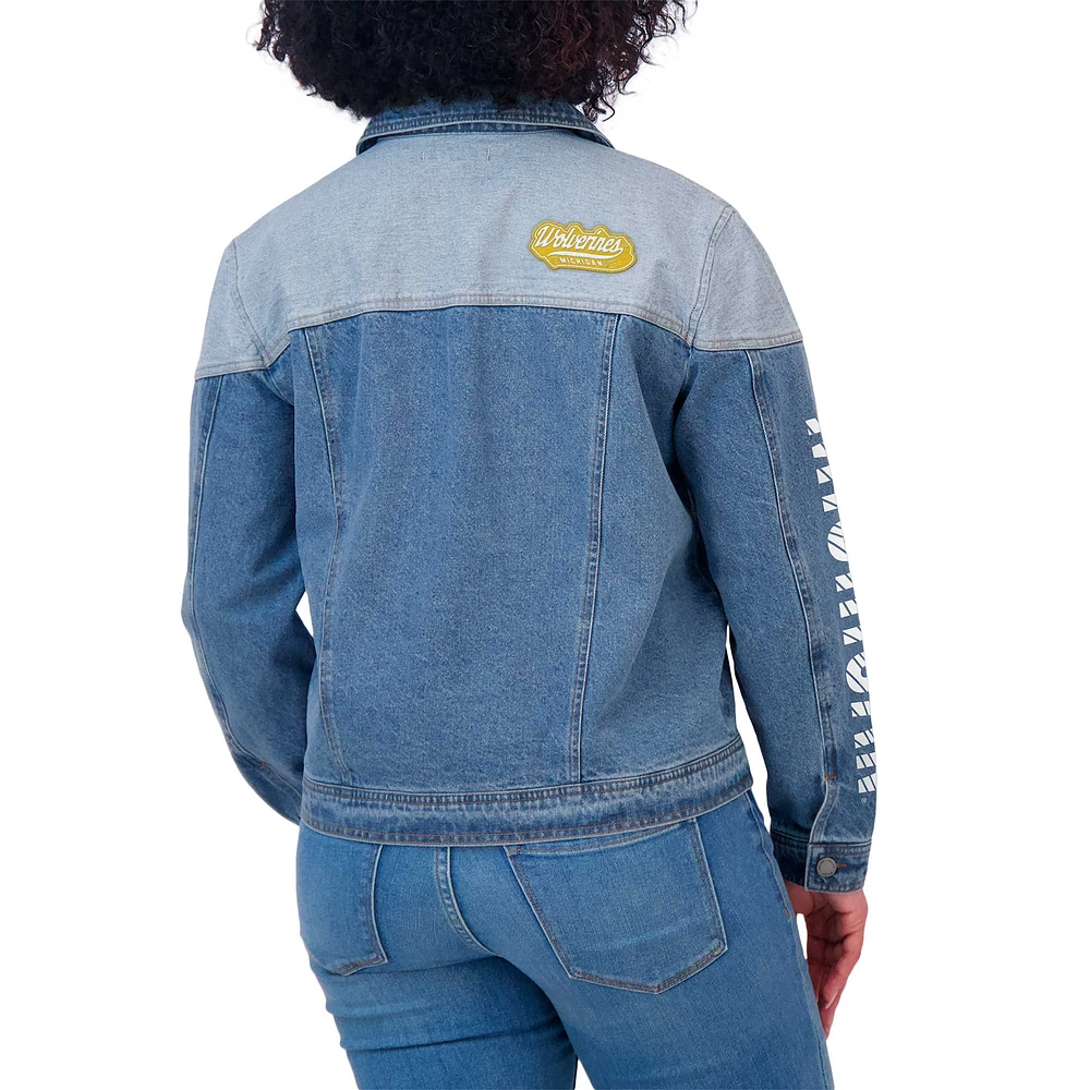 Women's WEAR by Erin Andrews Denim Michigan Wolverines Sleeve Hit Colorblock Button-Down Jacket