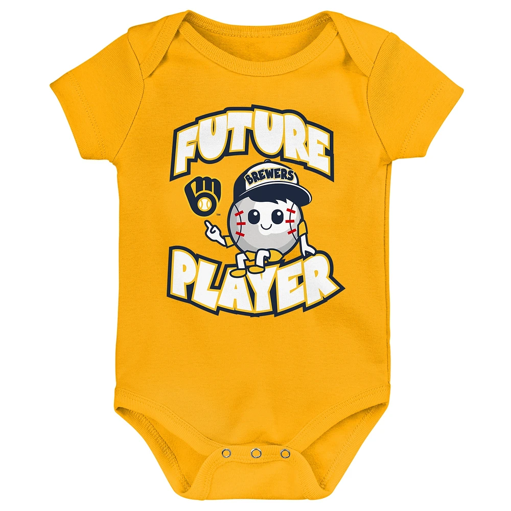 Infant Gold/Navy/White Milwaukee Brewers Minor League Player Three-Pack Bodysuit Set