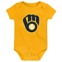 Infant Gold/White/Heather Gray Milwaukee Brewers Biggest Little Fan 3-Pack Bodysuit Set