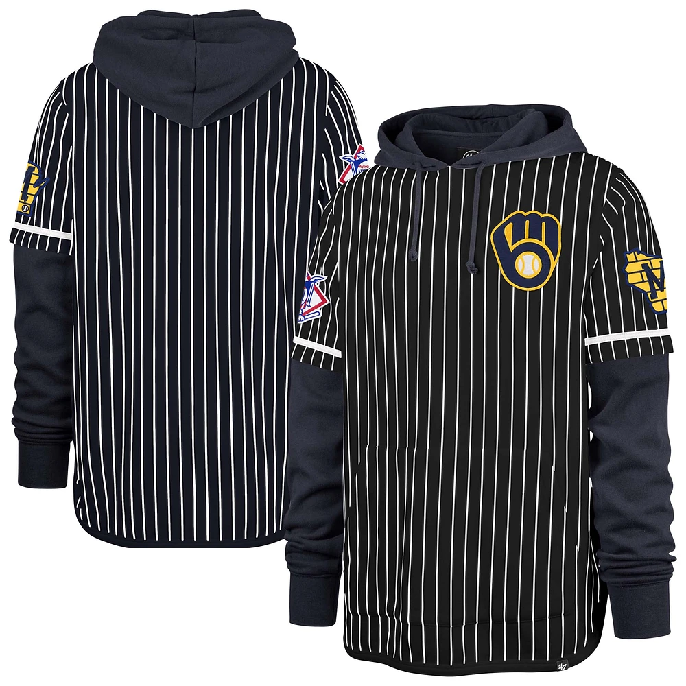 Men's '47 Navy Milwaukee Brewers Pinstripe Double Header Pullover Hoodie