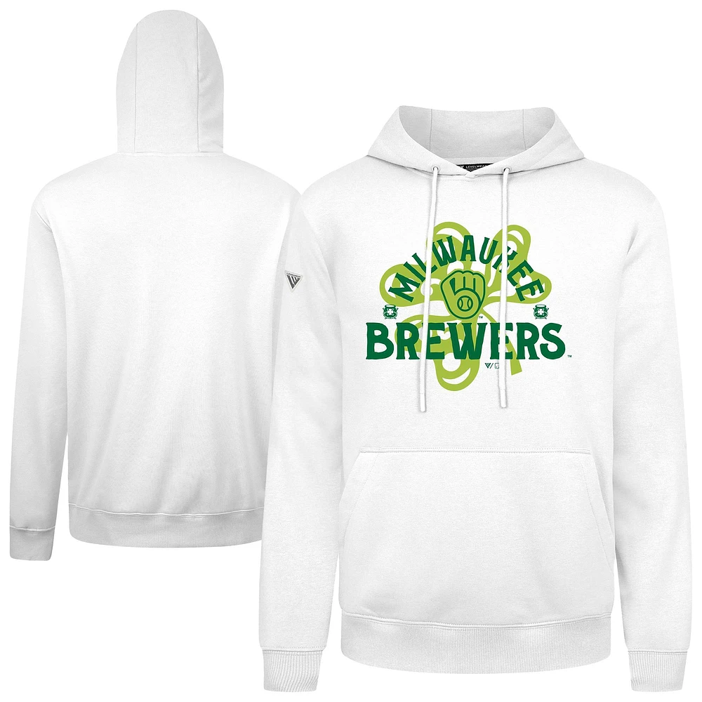 Men's Levelwear White Milwaukee Brewers St. Patrick's Day Podium Shamrock Pullover Hoodie