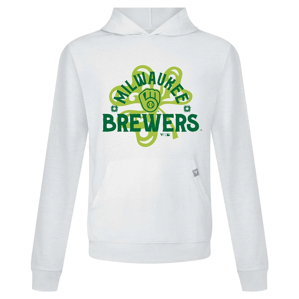 Men's Levelwear White Milwaukee Brewers St. Patrick's Day Relay Shamrock Pullover Hoodie