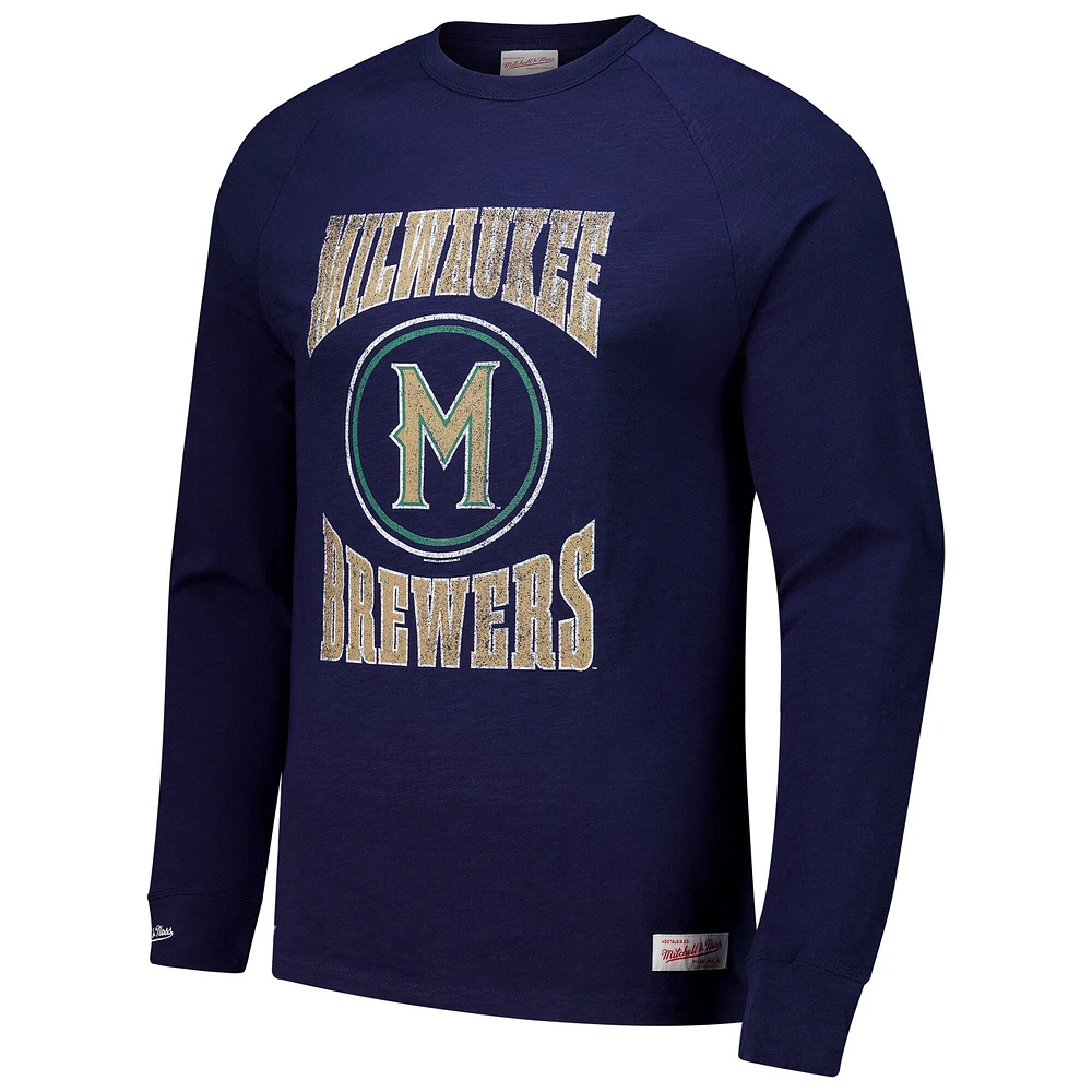 Men's Mitchell & Ness Navy Milwaukee Brewers Arched Logo Slub Long Sleeve T-Shirt