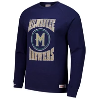 Men's Mitchell & Ness Navy Milwaukee Brewers Arched Logo Slub Long Sleeve T-Shirt