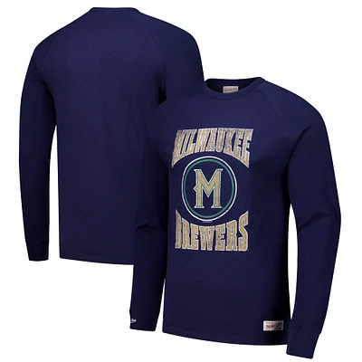 Men's Mitchell & Ness Navy Milwaukee Brewers Arched Logo Slub Long Sleeve T-Shirt