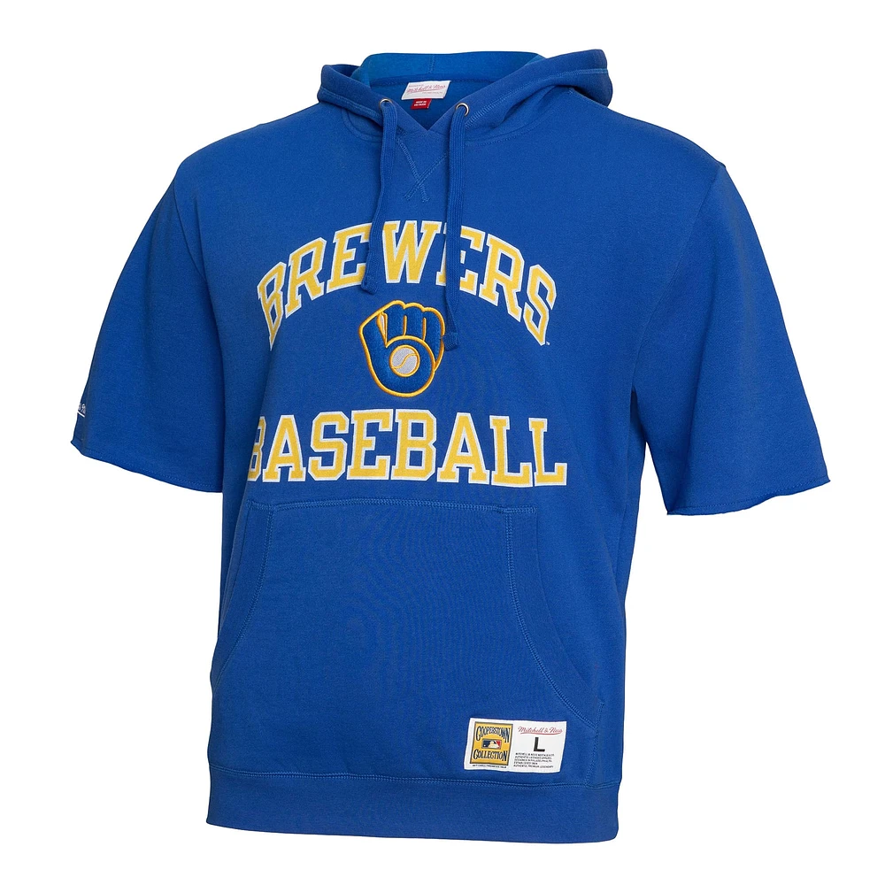 Men's Mitchell & Ness Royal Milwaukee Brewers Cooperstown Collection Washed Fleece Pullover Short Sleeve Hoodie