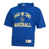 Men's Mitchell & Ness Royal Milwaukee Brewers Cooperstown Collection Washed Fleece Pullover Short Sleeve Hoodie