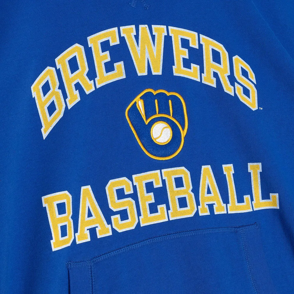 Men's Mitchell & Ness Royal Milwaukee Brewers Cooperstown Collection Washed Fleece Pullover Short Sleeve Hoodie