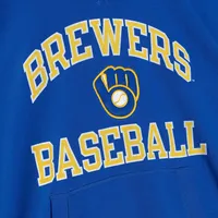 Men's Mitchell & Ness Royal Milwaukee Brewers Cooperstown Collection Washed Fleece Pullover Short Sleeve Hoodie