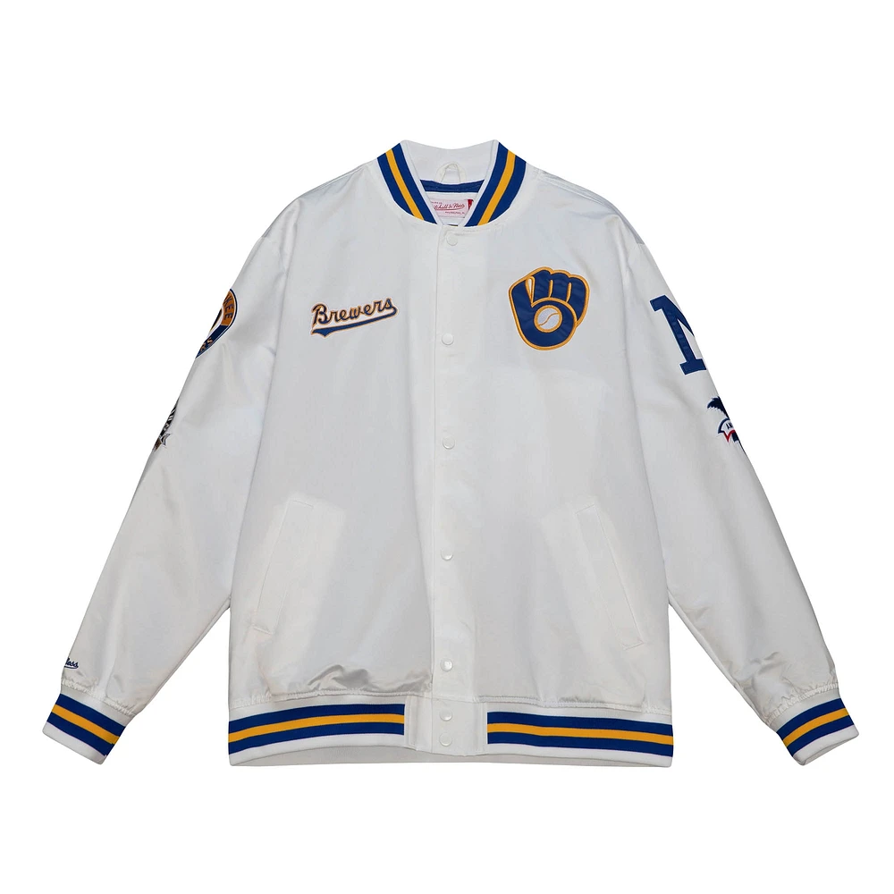 Men's Mitchell & Ness White Milwaukee Brewers City Collection Satin Full-Snap Varsity Jacket