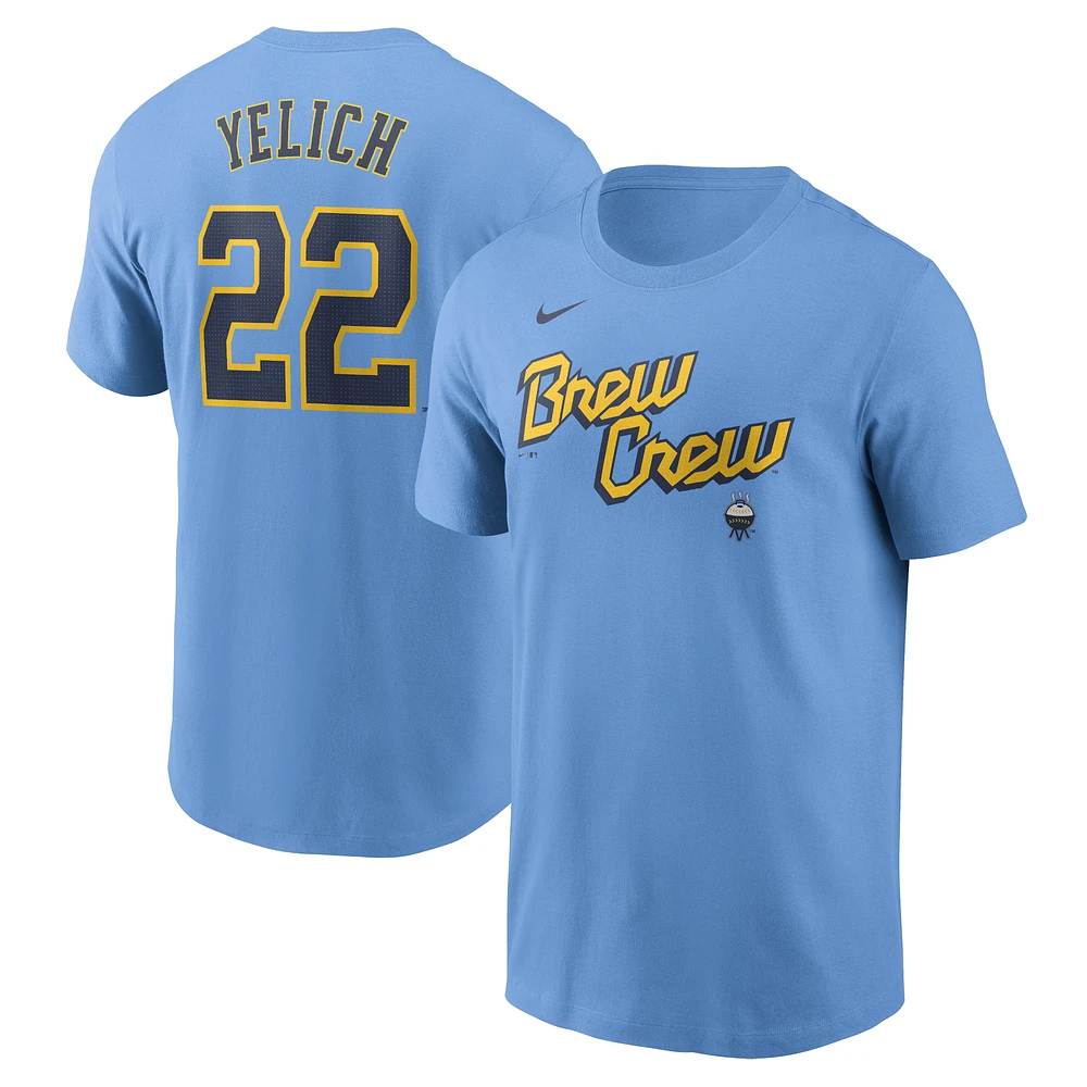 T-shirt avec nom et numéro Nike Christian Yelich pour homme, bleu poudre, Milwaukee Brewers City Connect Fuse