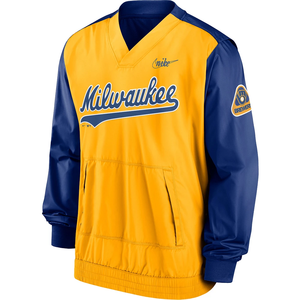 Men's Nike Royal/Gold Milwaukee Brewers Cooperstown Collection V-Neck Pullover Windbreaker