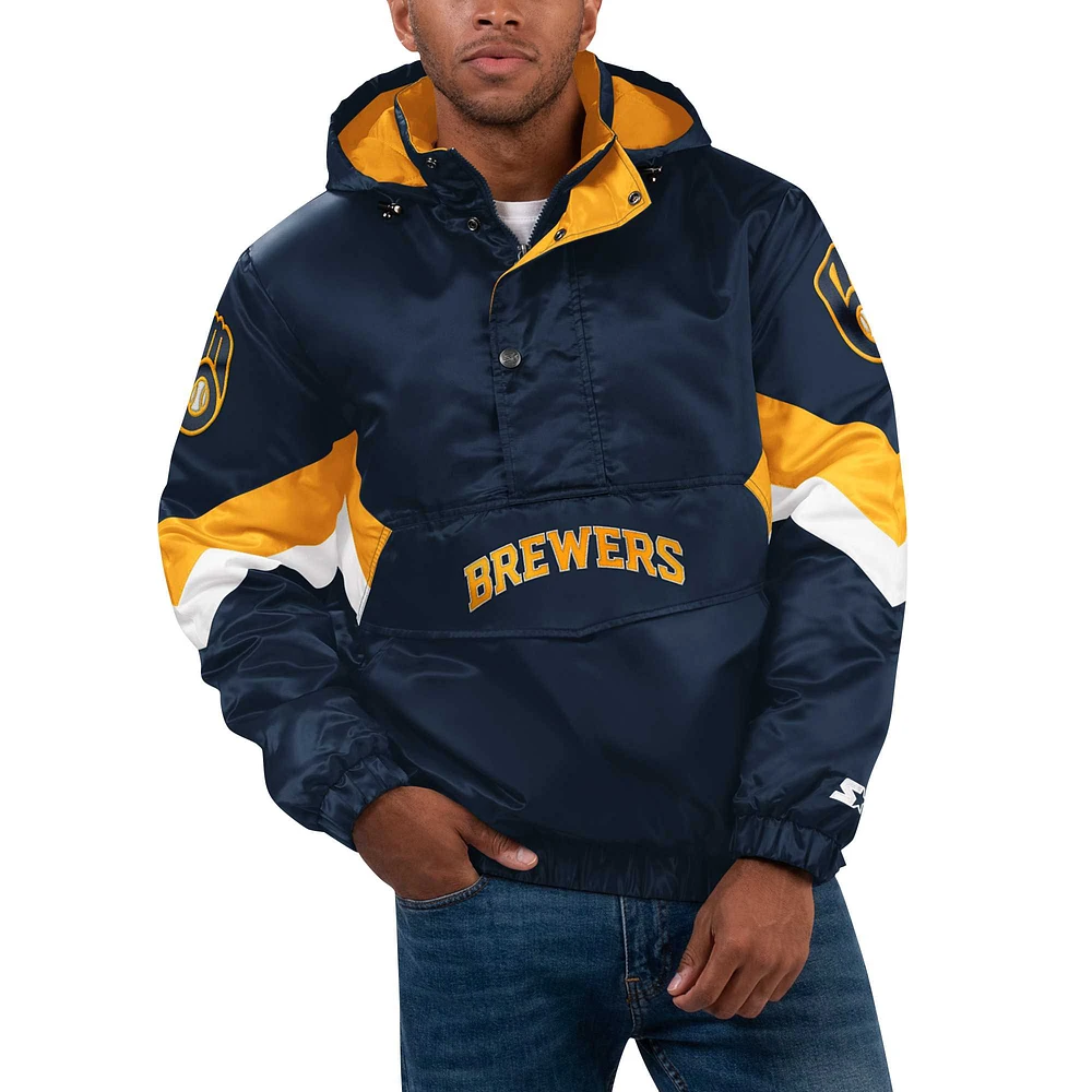 Men's Starter Navy Milwaukee Brewers Force Play II Half-Zip Hooded Jacket