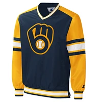 Men's Starter Navy Milwaukee Brewers Yardline V-Neck Pullover Windbreaker