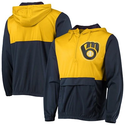 Veste à capuche demi-zip Milwaukee Brewers Anorak pour hommes, bleu marine/or