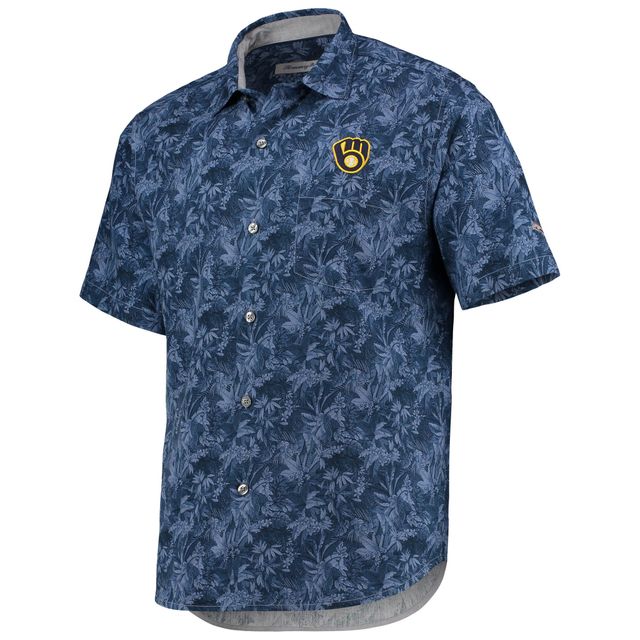 Chemise boutonnée Tommy Bahama Navy Milwaukee Brewers Jungle Shade Silk Camp pour homme