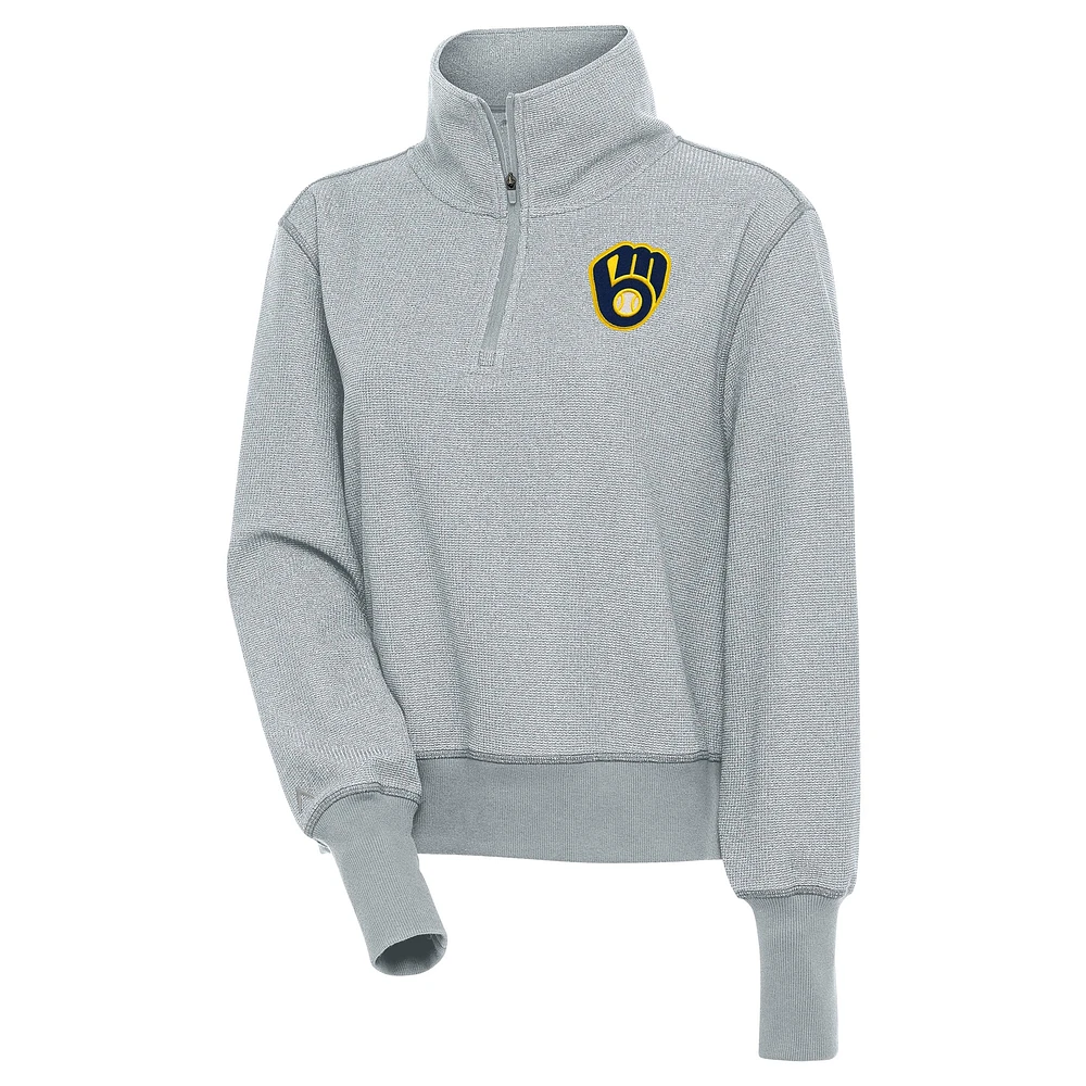 Haut à enfiler demi-zippé Antigua Heather Grey pour femme des Milwaukee Brewers