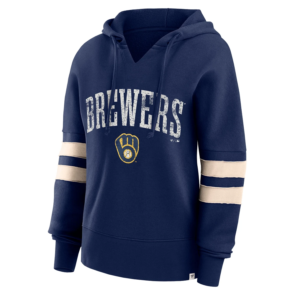Women's Fanatics Navy Milwaukee Brewers Bold Move Notch Neck High Hip Hoodie