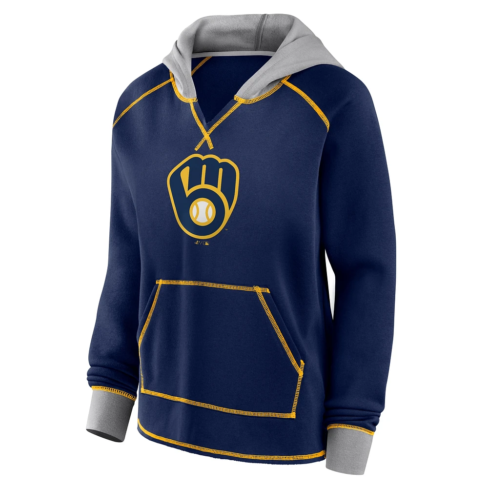 Women's Fanatics Navy Milwaukee Brewers Boom Fleece Pullover V-Neck Hoodie