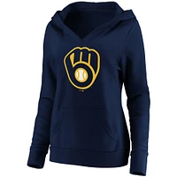 Women's Fanatics Navy Milwaukee Brewers Official Logo Crossover V-Neck Pullover Hoodie