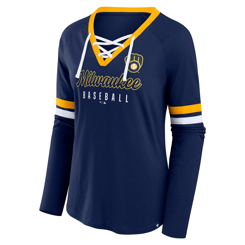 Women's Fanatics Navy Milwaukee Brewers Won & Done Raglan Lace-Up Long Sleeve T-Shirt