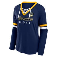 Women's Fanatics Navy Milwaukee Brewers Won & Done Raglan Lace-Up Long Sleeve T-Shirt
