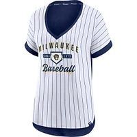 Women's Fanatics White/Navy Milwaukee Brewers Iconic Noise Factor Pinstripe V-Neck T-Shirt