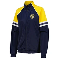 Veste de survêtement entièrement zippée G-III 4Her par Carl Banks pour femmes, bleu marine, Milwaukee Brewers First Place Raglan