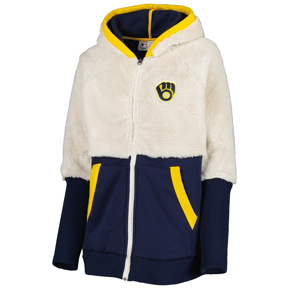 Women's G-III 4Her by Carl Banks Oatmeal/Navy Milwaukee Brewers Shuffle It Raglan Full-Zip Hoodie