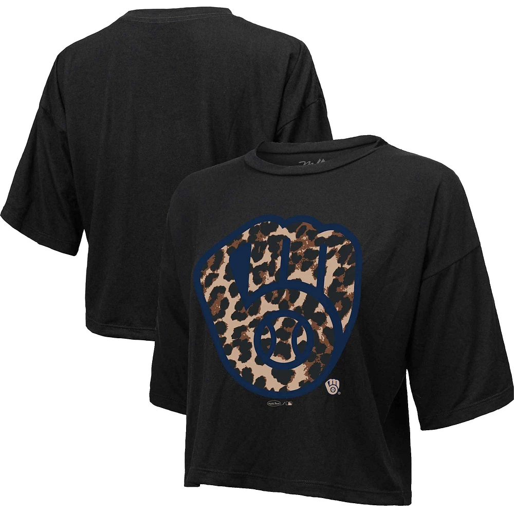Majestic Threads - T-shirt court léopard noir Milwaukee Brewers pour femme