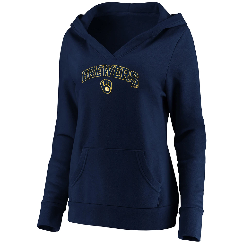 Women's Navy Milwaukee Brewers Core Team Lockup V-Neck Pullover Hoodie