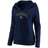 Women's Navy Milwaukee Brewers Core Team Lockup V-Neck Pullover Hoodie