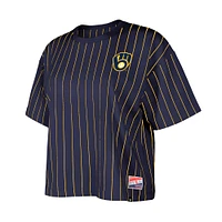 Women's New Era Navy Milwaukee Brewers Boxy Pinstripe T-Shirt