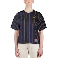 Women's New Era Navy Milwaukee Brewers Boxy Pinstripe T-Shirt