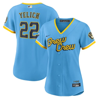 Maillot de joueur réplique Nike Christian Yelich pour femme, bleu poudre, Milwaukee Brewers City Connect