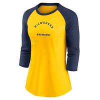 Women's Nike Gold/Navy Milwaukee Brewers Next Up Tri-Blend Raglan 3/4-Sleeve T-Shirt