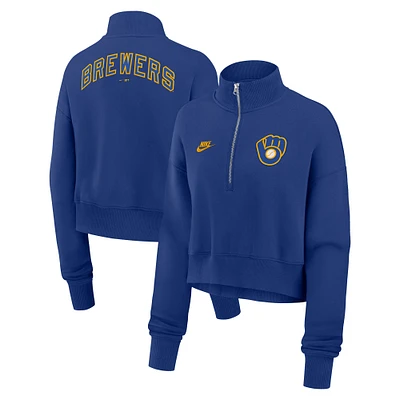 Sweat-shirt en molleton à demi-zip Nike Royal Milwaukee Brewers Cooperstown Collection Phoenix pour femme
