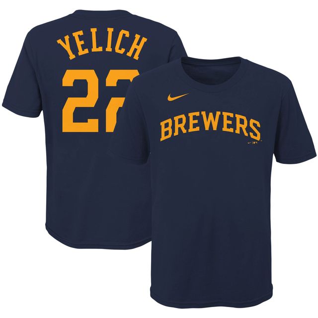 T-shirt avec nom et numéro du joueur des Milwaukee Brewers Nike Christian Yelich pour jeune, bleu marine