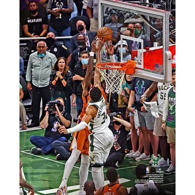 Giannis Antetokounmpo Milwaukee Bucks Unsigned Block Game Four of the 2021 NBA Finals Photograph