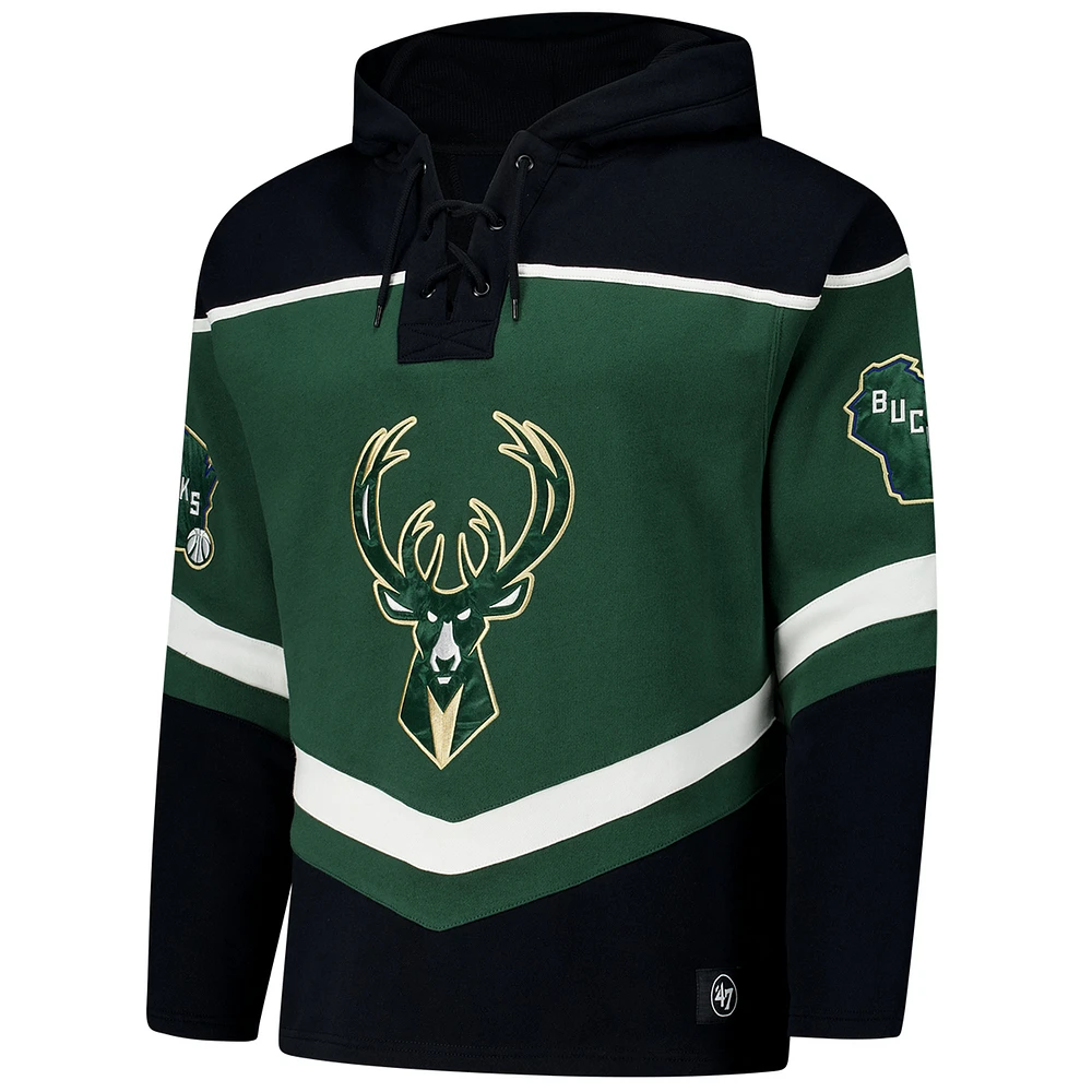 Men's '47 Hunter Green Milwaukee Bucks Oversized Tri-Satin Layup Lacer Pullover Hoodie