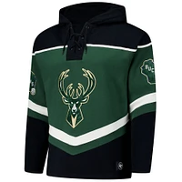 Men's '47 Hunter Green Milwaukee Bucks Oversized Tri-Satin Layup Lacer Pullover Hoodie