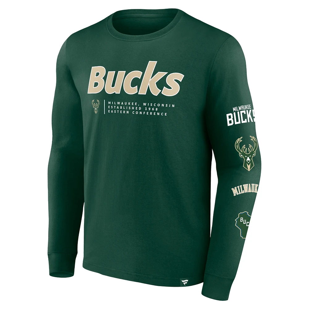Men's Fanatics Hunter Green Milwaukee Bucks Baseline Long Sleeve T-Shirt