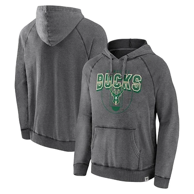 Milwaukee Bucks Heather Grey Fanatics Acquisition Vintage Snow Wash pour hommes - Sweat à capuche raglan