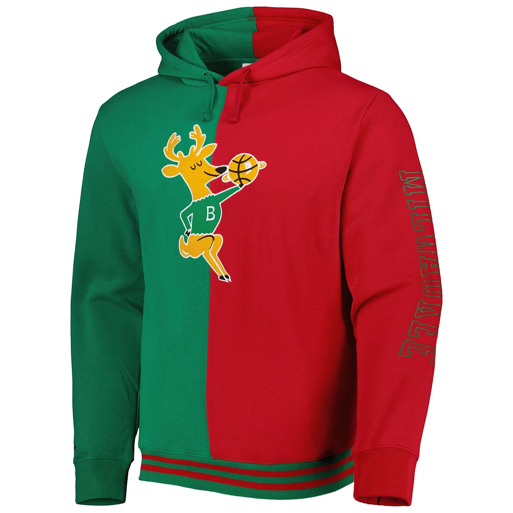 Men's Mitchell & Ness Green/Red Milwaukee Bucks Hardwood Classics Split Pullover Hoodie