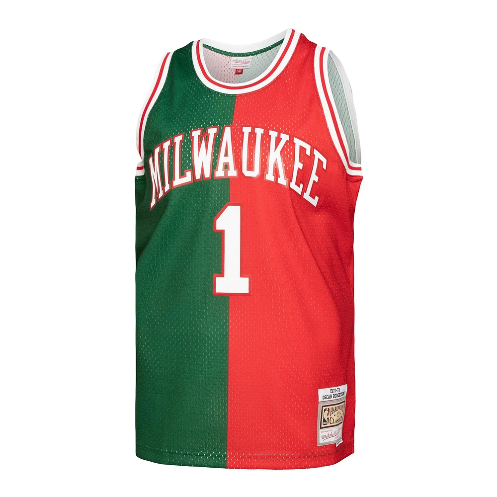 Men's Mitchell & Ness Oscar Robertson Green/Red Milwaukee Bucks Hardwood Classics 1971/72 Split Swingman Jersey