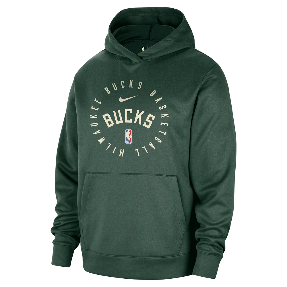 Men's Nike Hunter Green Milwaukee Bucks 2024/25 Spotlight On-Court Practice Performance Pullover Hoodie