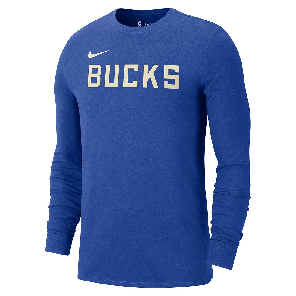 Men's Nike Royal Milwaukee Bucks 2024/25 City Edition Essential Logo Long Sleeve T-Shirt