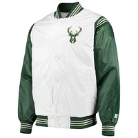 Veste à boutons-pression en satin pour homme Starter White/Hunter Green Milwaukee Bucks Renegade Varsity