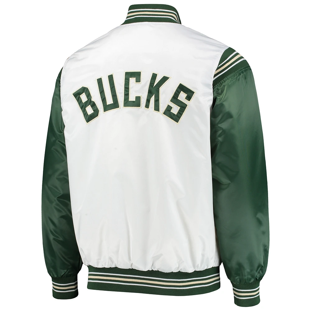 Veste à boutons-pression en satin pour homme Starter White/Hunter Green Milwaukee Bucks Renegade Varsity